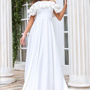 Off the shoulder ruffle pageant prom wedding gown.